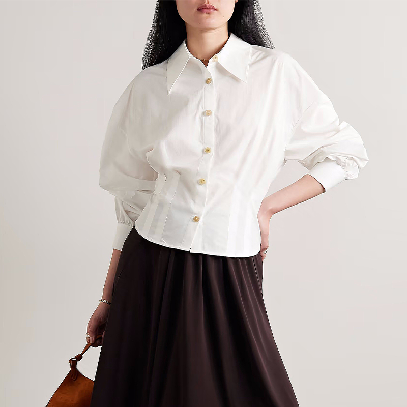 French-Style Round-Neck Bubble Sleeve White Blouse for Women