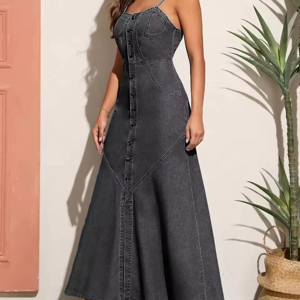 High Quality Women Wholesale New Design Blue Sleeveless Maxi Denim Dress Overall Casual Formal Single Button Fashion for Ladies