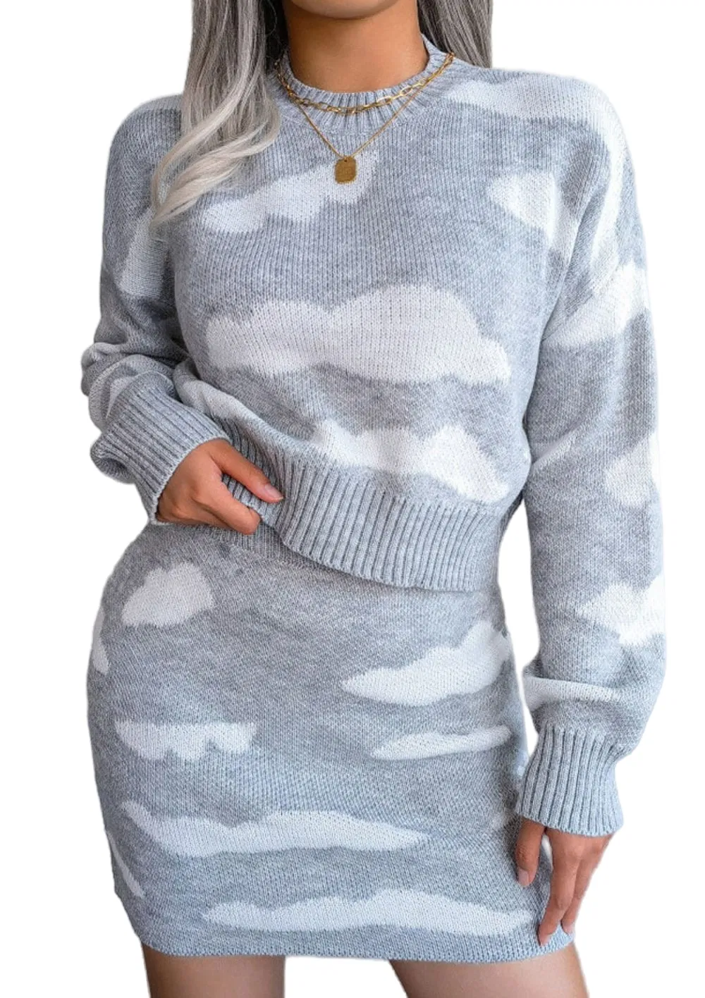 Fashion Grey Color with Jacquard Design Women Knit Skirt Set Dress for Women