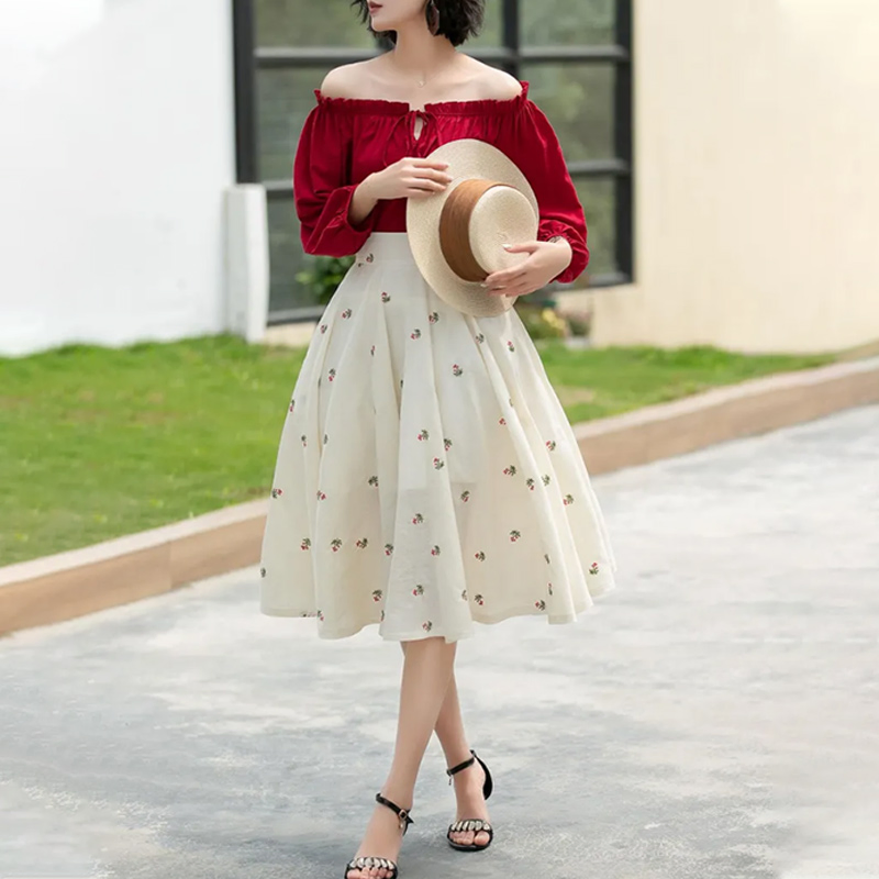 Stylish Women's High Waisted Floral Linen MIDI Skirt with Pockets