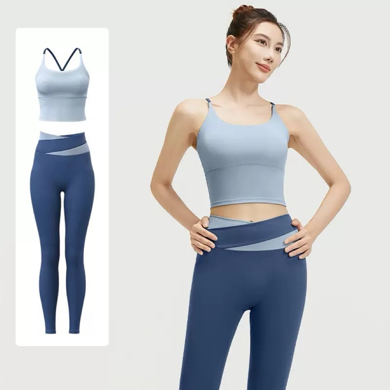 Hot Sale Patchwork 2 Pieces Fitness Clothing Suit Cross Back Tit Fit Vest + High Waist Workout Leggings Yoga Wear Set Women's Activewear