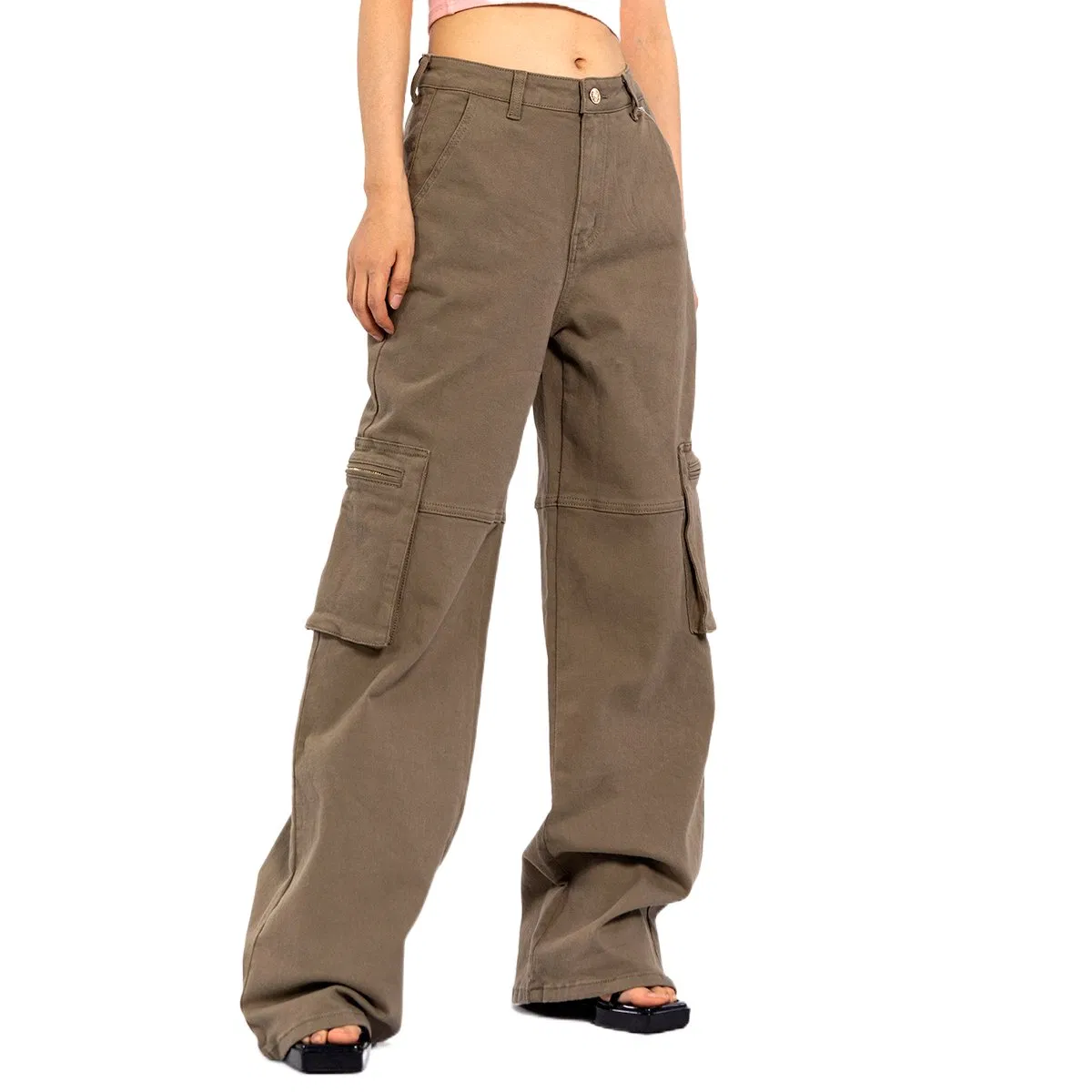 Custom Vintage Aged Large Pockets Loose Long Straight Cargo Pants Women