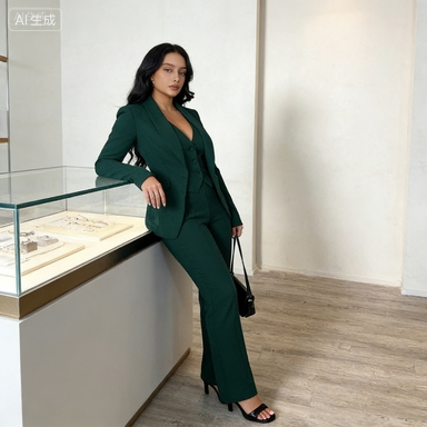 Emerald Green Three-Piece Blazer Suit Set - Chic Women's Business Formal Wear