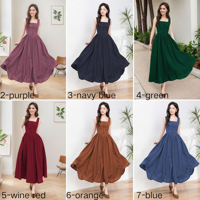 Trendy Women's Linen Maxi Dress with Unique Button Embellishments