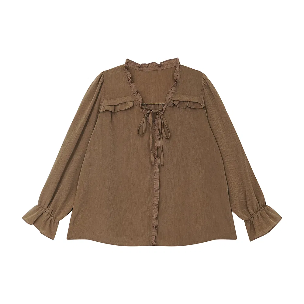 Women's Falbaba V-Neck Blouse and Tops with Long Puff Sleeve