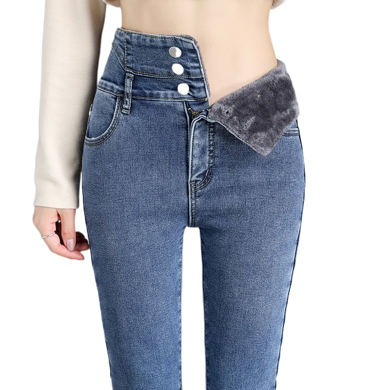 Ladies Casual Denim Thick Velvet Fleece Lined Skinny Jeans Women