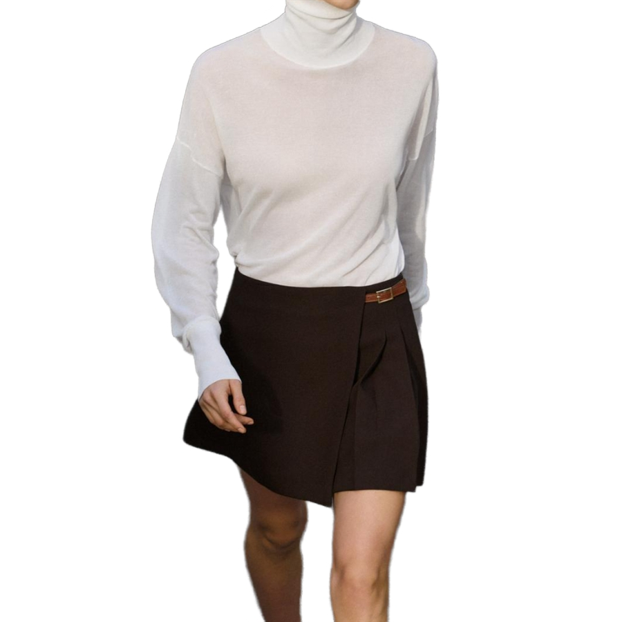 Women's Short Skirt Featuring Front Pleats Contrast Belt Loop Metal Buckle Invisible Back Zip Fastening Women Mini Skirt