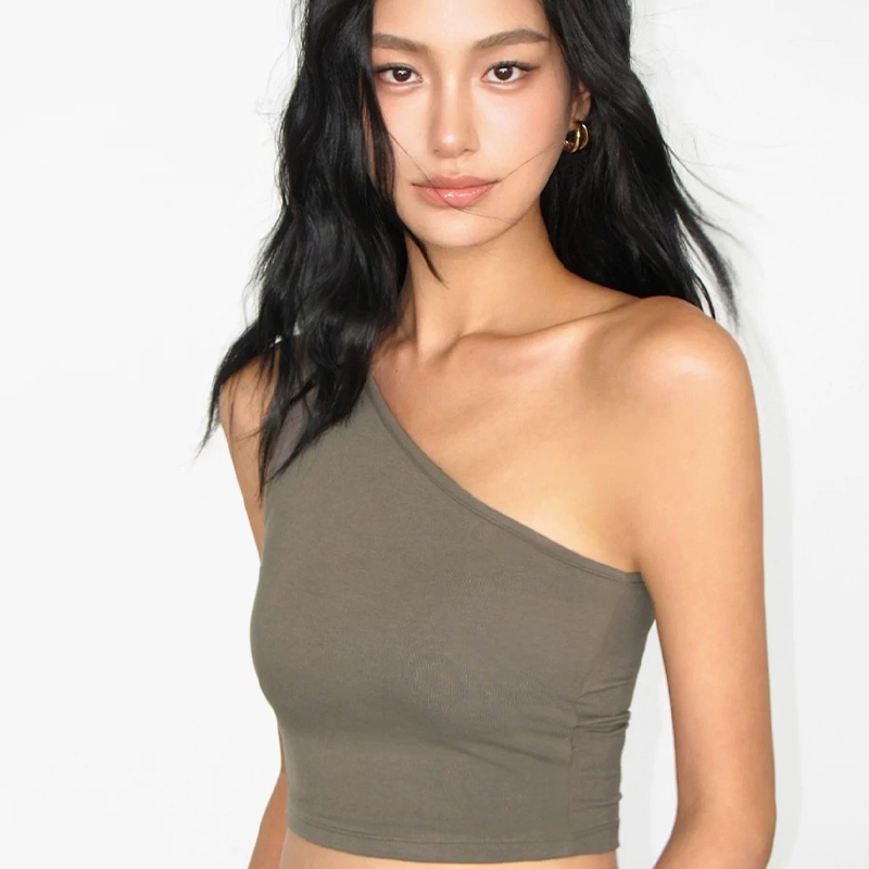 Women Stretchable Slim Fitting Asymmetrical Sleeveless Knit T-Shirts One Shoulder Black Crop Top