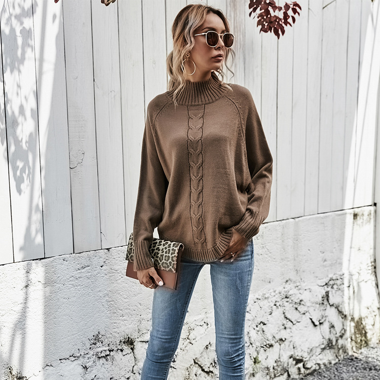 Autumn Winter Custom Cable High Neck Bat Sleeve Knitted Sweater Coat Ladies Shawl Sweater Knitwear for Woman