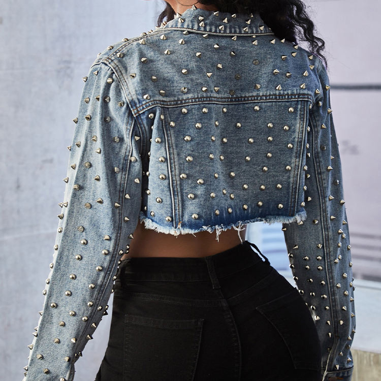 Women's Light Wash Studded Cropped Denim Jacket with Button Front