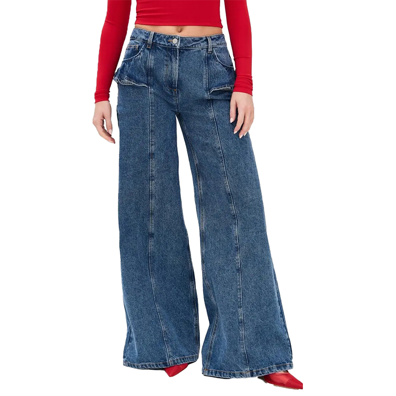 Jeans Factory Wholesale Women Blue Wide Leg Jeans with Ruffle Mini Skirts Jeans