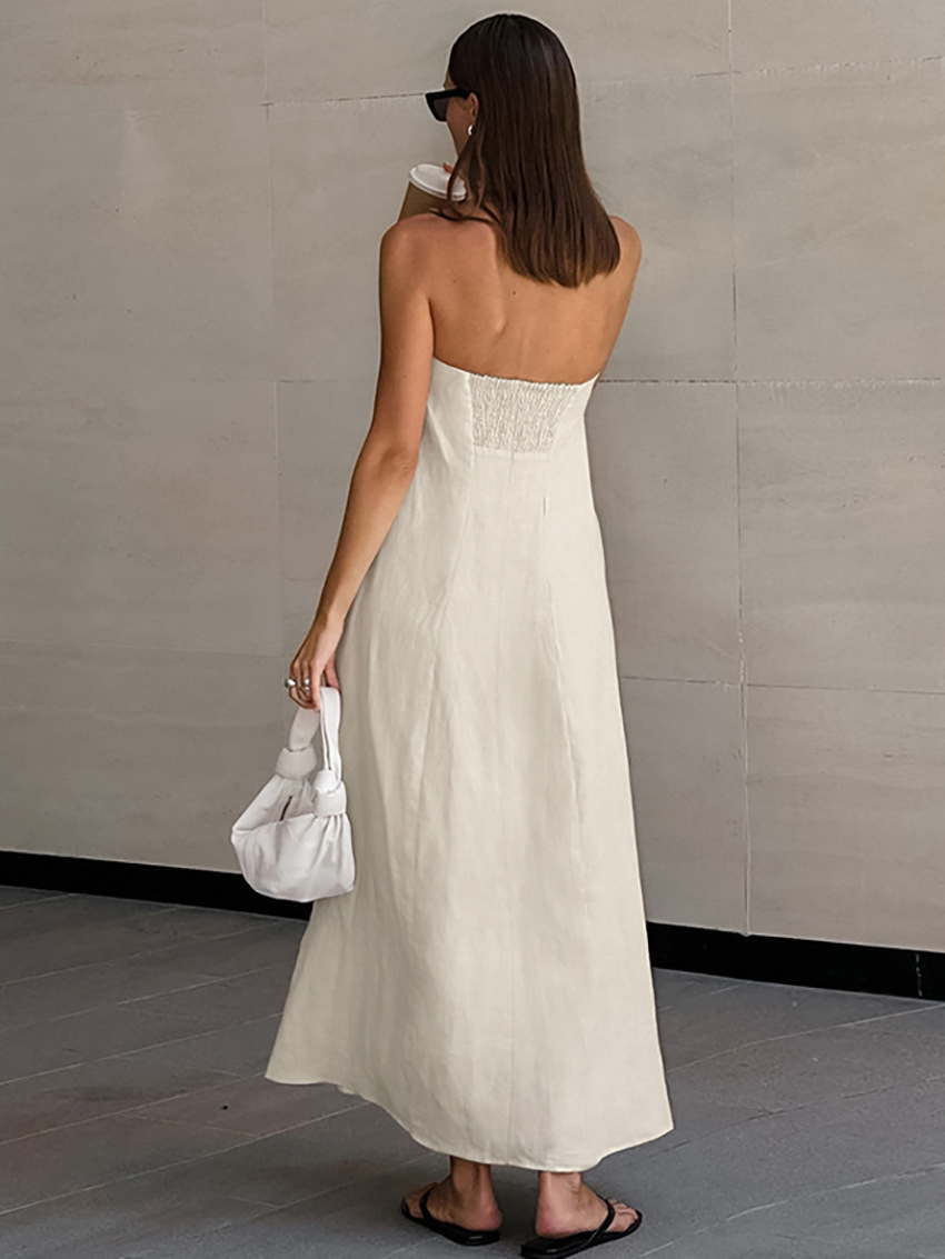 Women Cotton and Linen Strapless Vacation Style High Waist Casual Dress