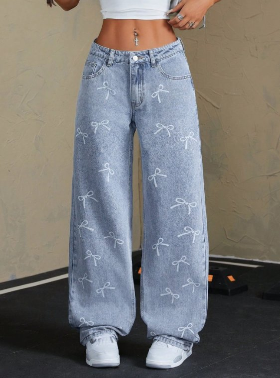 Women's Stylish Bow Print Wide-Leg Denim Jeans Straight Casual Style