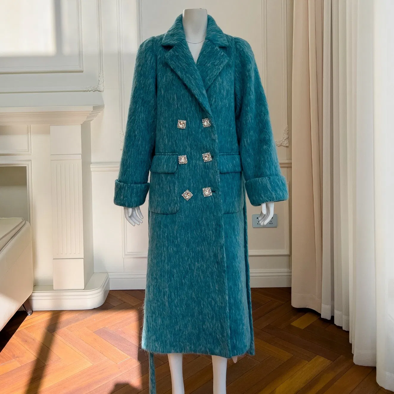 Nnr High Quality Winter Long Blue Wool Fur Coat Women