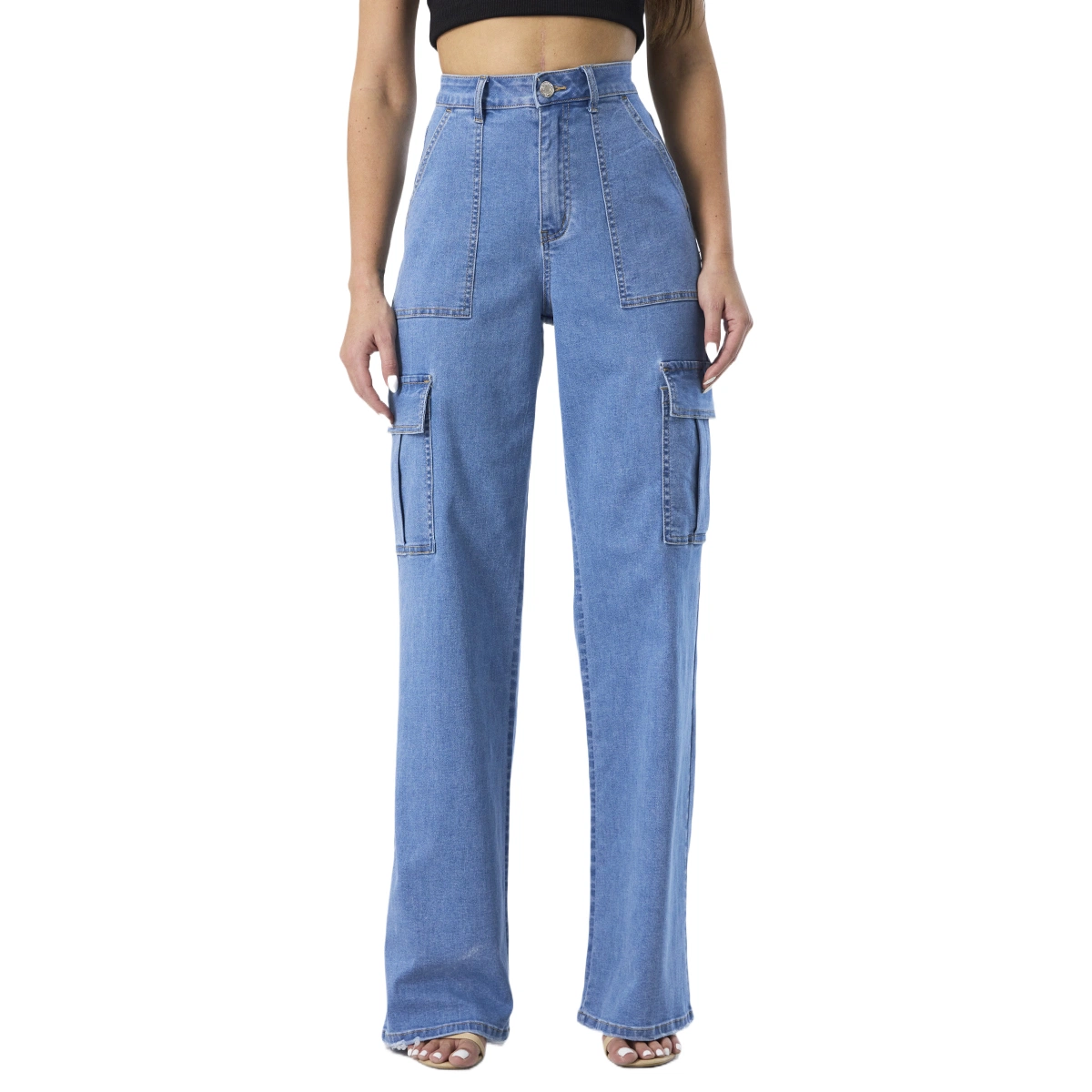 Custom High Waist Cargo Pocket Boyfriend Straight Mom Denim Jeans for Women