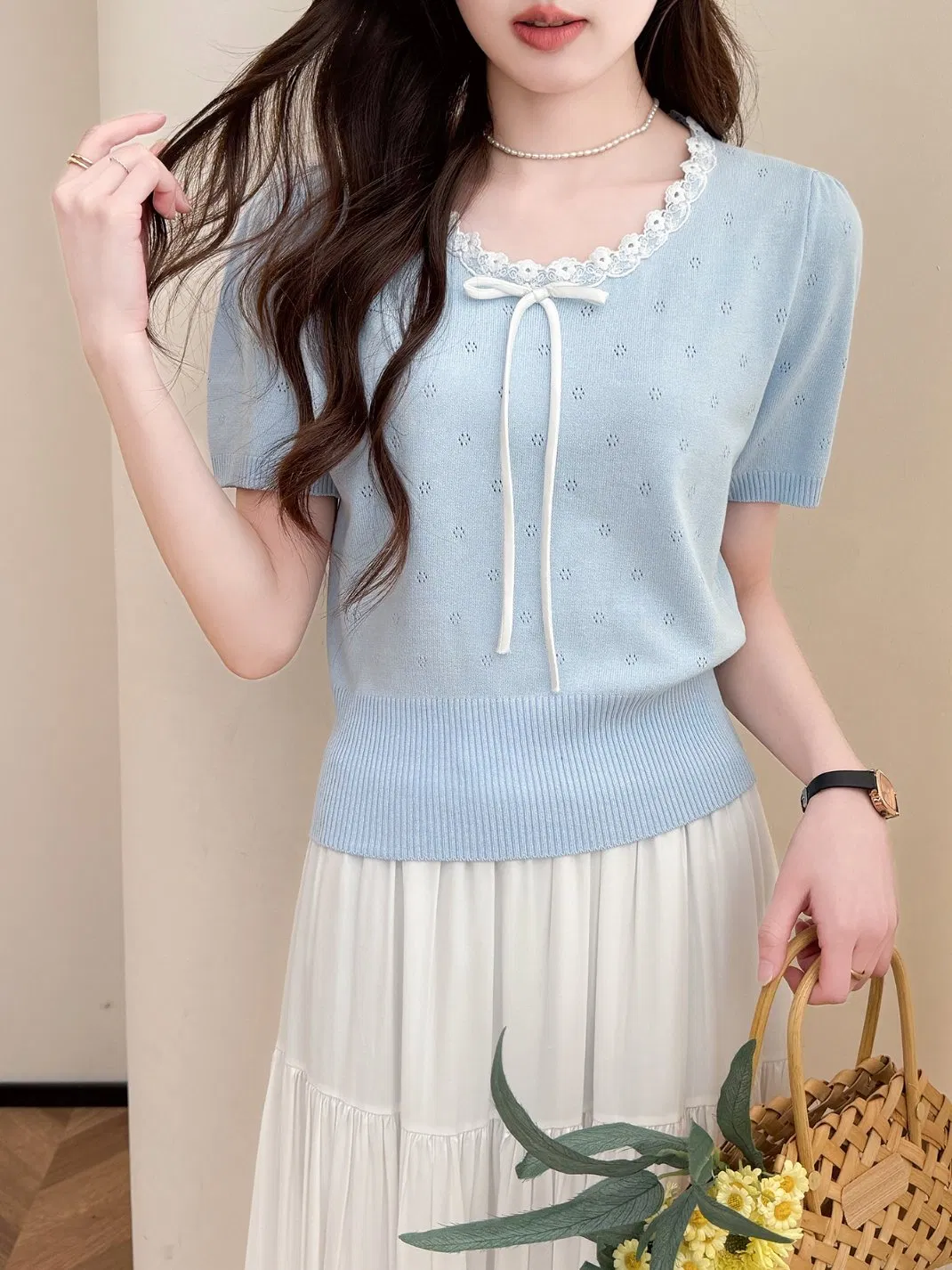 Minimalist Lace Edge Design Pullover Short Sleeved Knit Sweater for Women