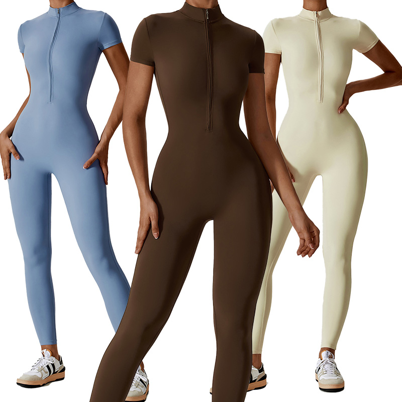 Wholesale Factory Summer Women's One Piece Short Sleeves Leggings Zipper Front Tummy Control Dry Fit Gym Sports Wear Set Sports Romper Jumpsuit