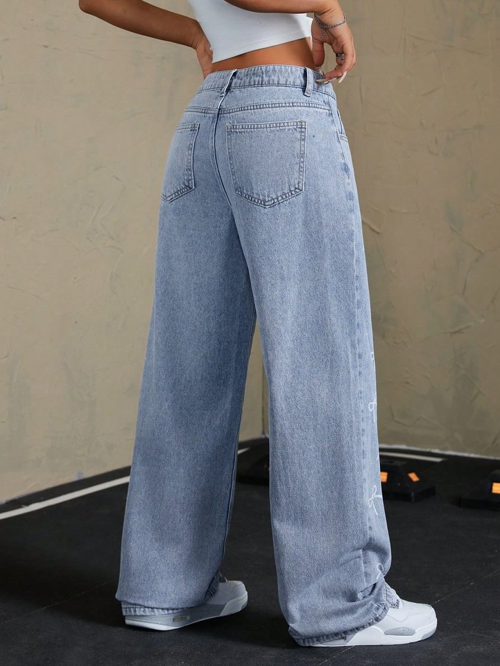 Women's Stylish Bow Print Wide-Leg Denim Jeans Straight Casual Style