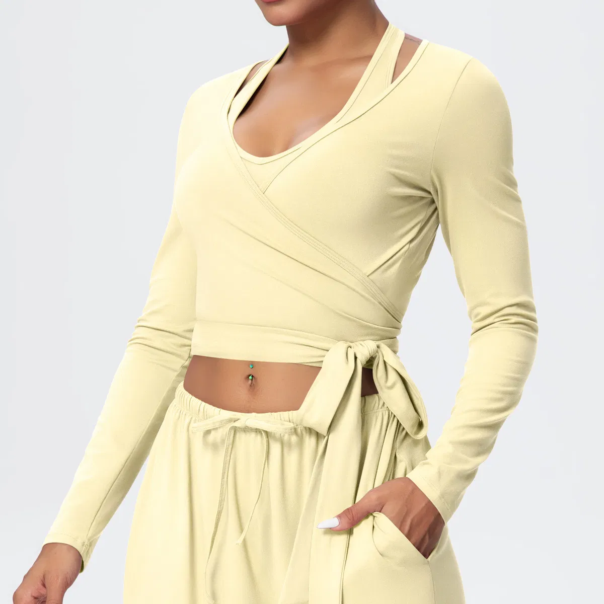 Women Gym Top Lace-up Yoga Sports Fitness Yoga Long-Sleeved Blouse