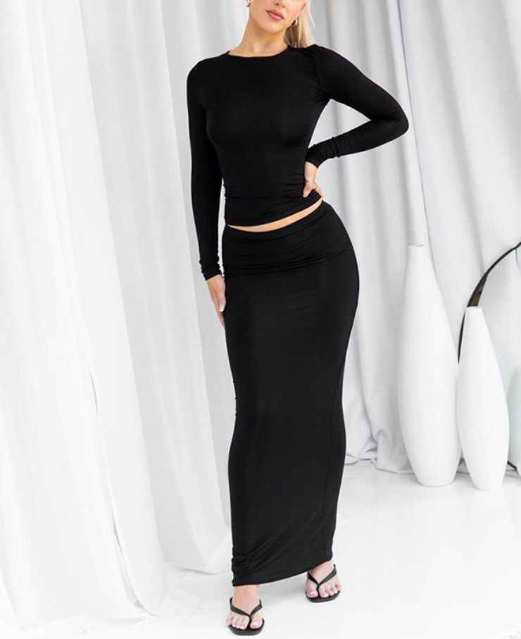 Women Fashion Long Sleeve Top Bodycon Skirt Two-Piece Set