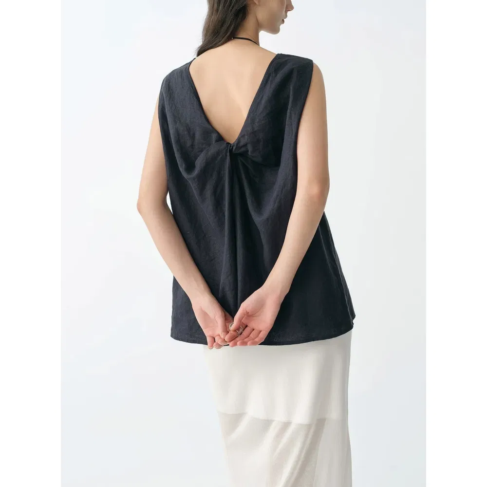 Customizable Factory Wholesale High Quality Affordable Women's Summer Pure Linen Design Sleeveless Vest Open Back Loose Top