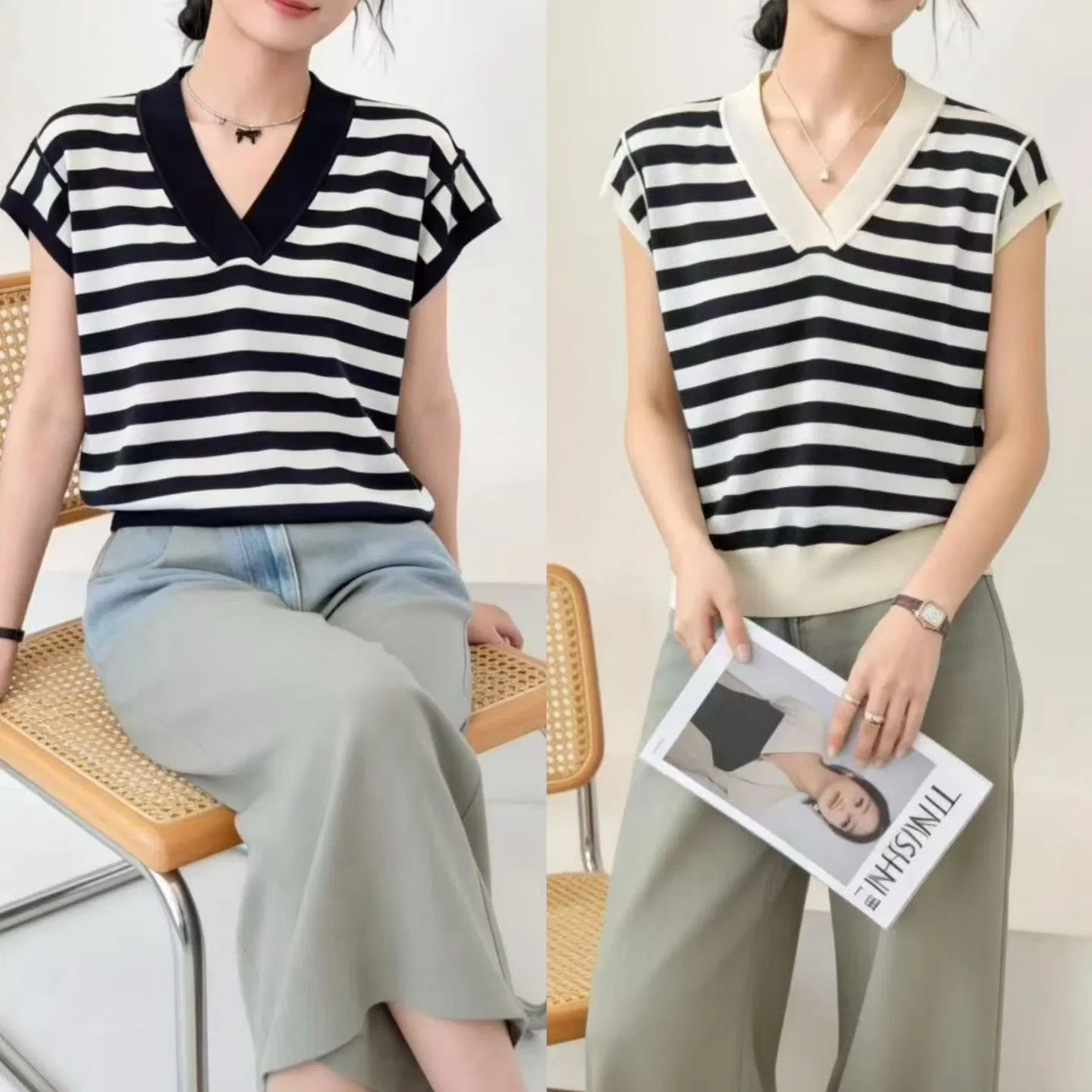 Women's V-Neck Striped Short Sleeve Knit Top