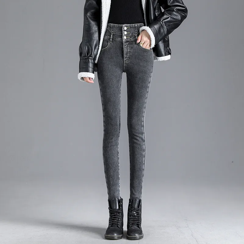 Ladies Casual Denim Thick Velvet Fleece Lined Skinny Jeans Women