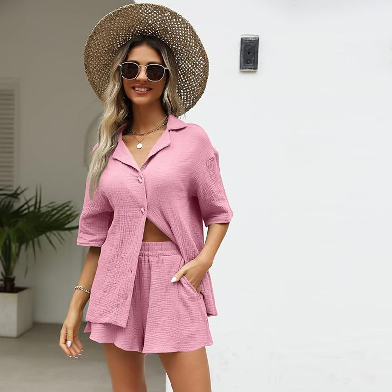 Custom Shirt Shorts Female Sleepwear Pajamas Muslin Casual Loose Fit Solid Cotton 2 Pieces Set Loungewear for Women