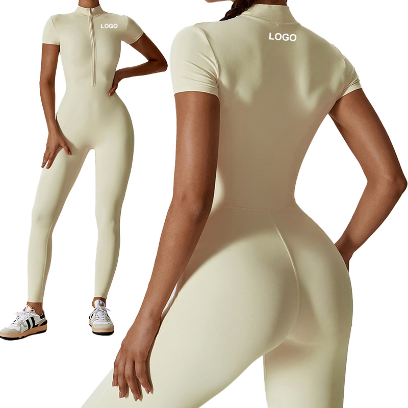Wholesale Factory Summer Women's One Piece Short Sleeves Leggings Zipper Front Tummy Control Dry Fit Gym Sports Wear Set Sports Romper Jumpsuit