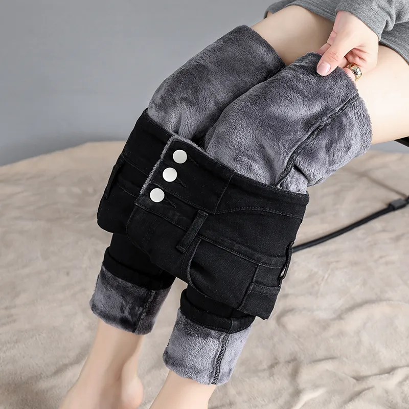 Ladies Casual Denim Thick Velvet Fleece Lined Skinny Jeans Women