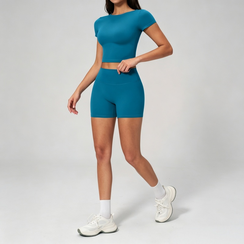 Wholesale Women's Fashion Wear Crop T Shirt Clothes, High Waist Shorts Set for Casual Workout