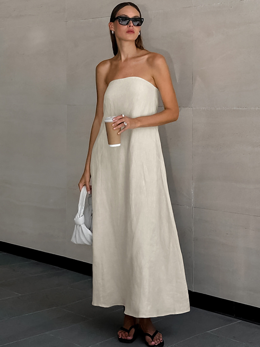 Women Cotton and Linen Strapless Vacation Style High Waist Casual Dress