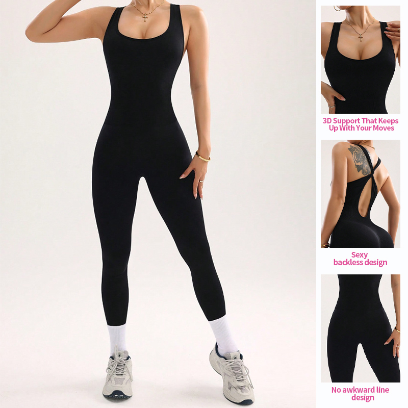 Wholesale Custom Women Fashion Sleeveless One Piece Workout Sport Breathable Gym Fitness Solid Control Yoga Jumpsuit
