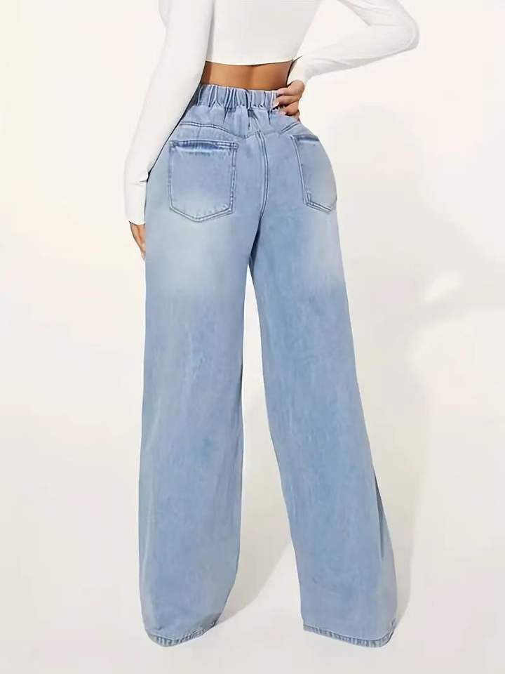 Women's Casual Vintage Light Blue Denim Jeans High Waist Drawstring Loose