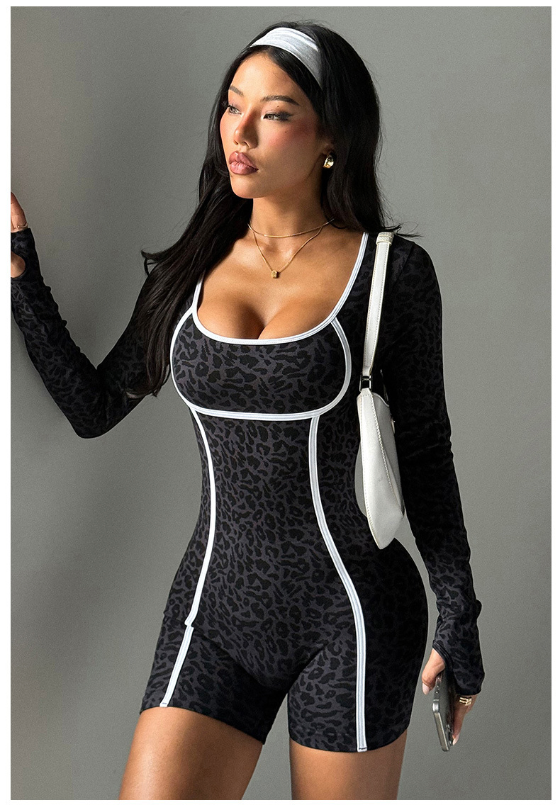 Leopard Print Long-Sleeved Sports Yoga Gym Jumpsuit for Women Fitness Wear