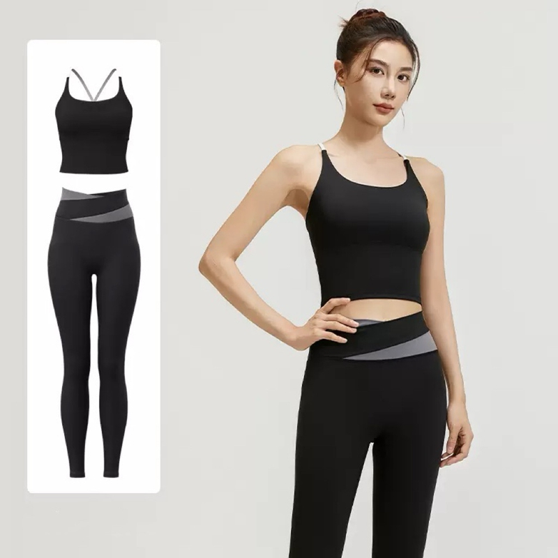 Hot Sale Patchwork 2 Pieces Fitness Clothing Suit Cross Back Tit Fit Vest + High Waist Workout Leggings Yoga Wear Set Women's Activewear