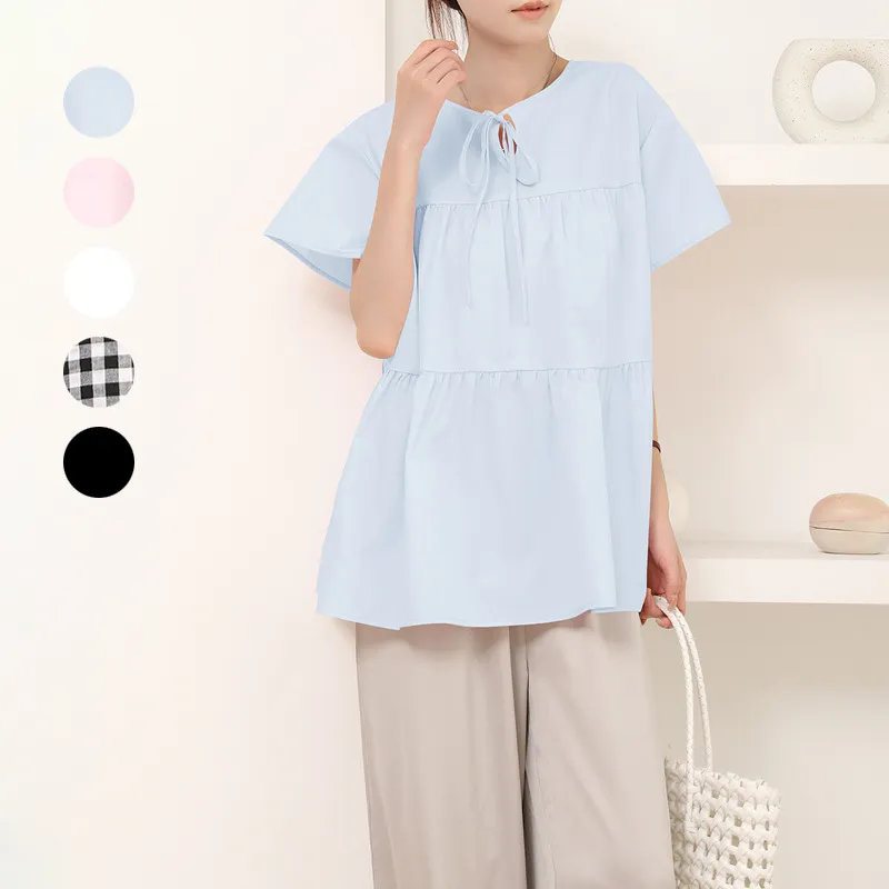 Wholesale Solid Color Ruffled Crew Neck Top for Women