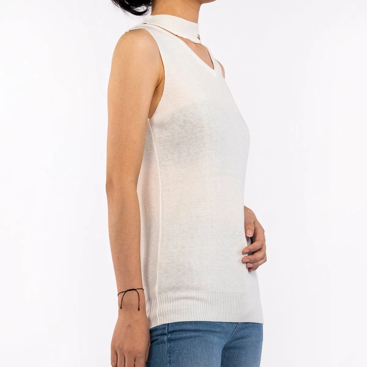 Summer Casual White Hang Neck Sleeveless Knit Tank Tops for Women