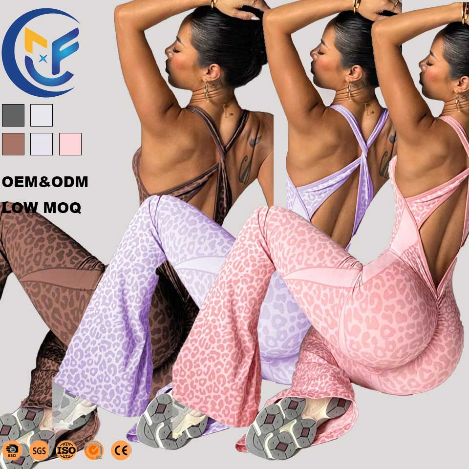 New Arrival Wholesale Fashion Leopard Print Jumpsuit High Quality Active Sports One Piece Pant Casual Wear for Woman