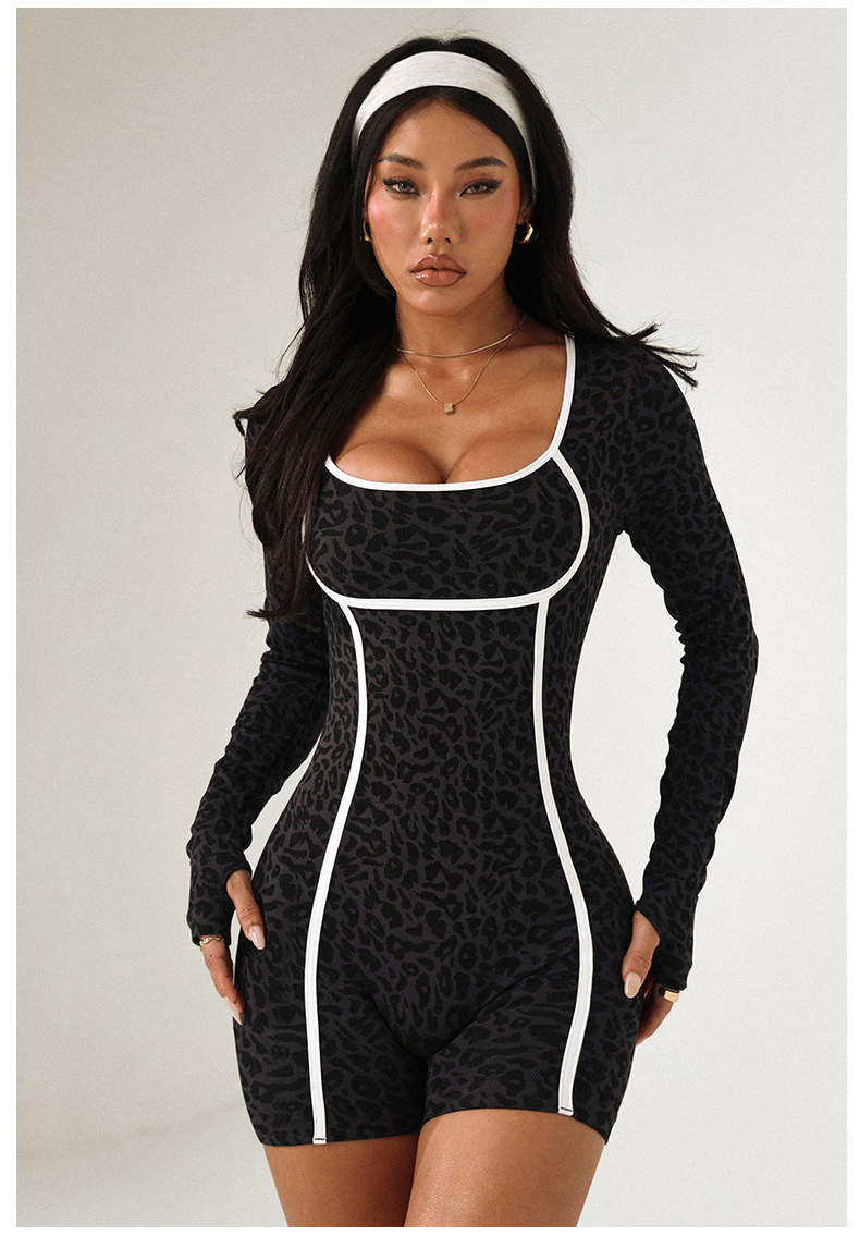 Leopard Print Long-Sleeved Sports Yoga Gym Jumpsuit for Women Fitness Wear