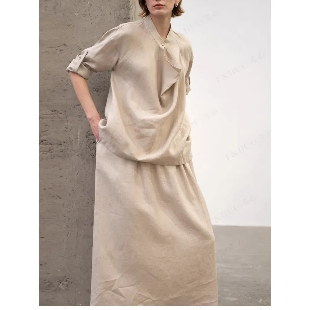 Women's New Linen French Cowl Neck Blouse Roll up Sleeve Loose Top