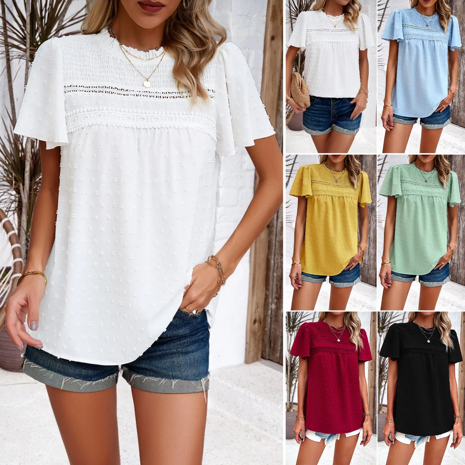 Solid Color Short Sleeve Lace Top Factory Direct Supply Blouse for Women