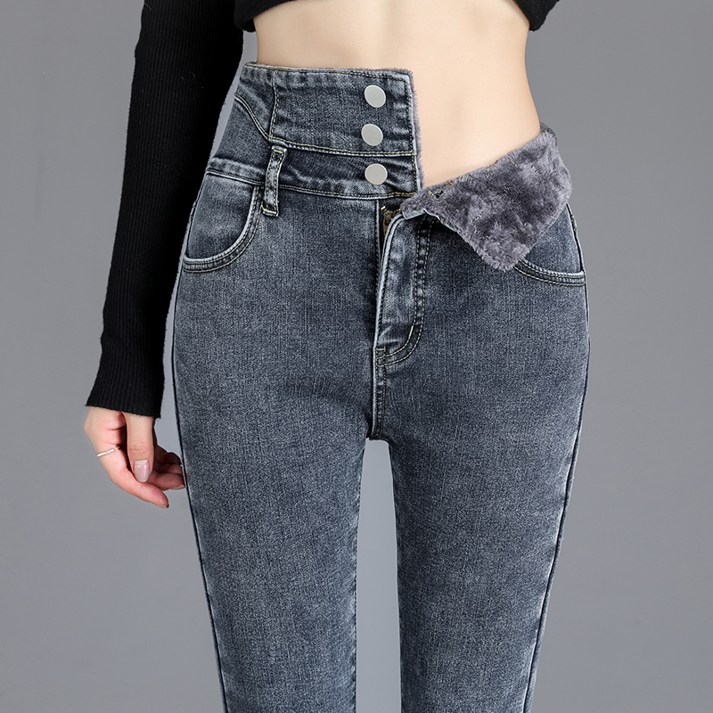 Ladies Casual Denim Thick Velvet Fleece Lined Skinny Jeans Women