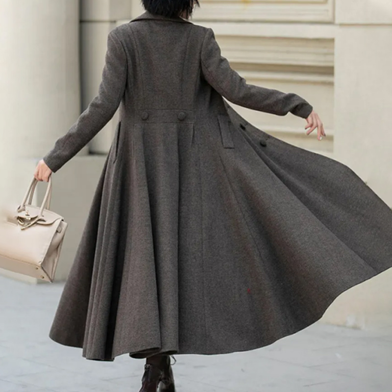 Women's Stylish Brown Maxi Coat with Double-Breasted Design