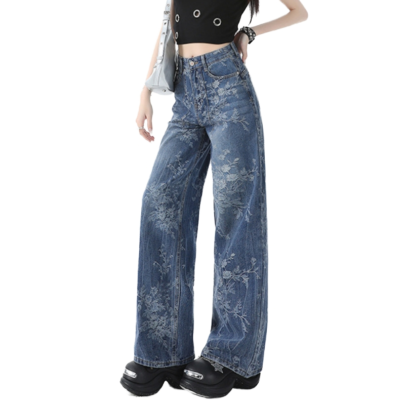 Women's Retro Straight Blue Jacquard Jeans High Waist Floral Pattern Breathable Loose Wide Leg Design Autumn-Wear Denim Pants