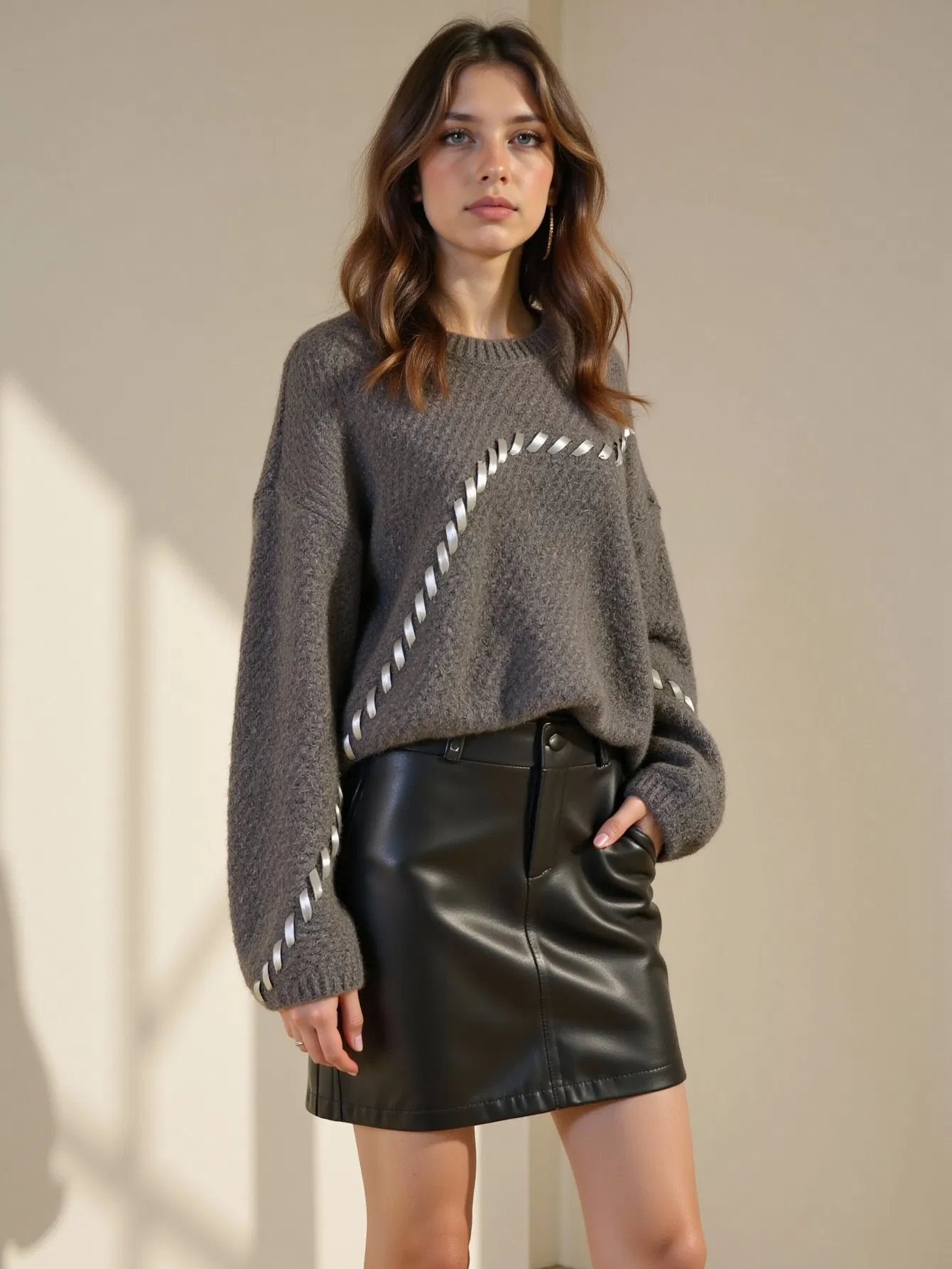 Loose Long Sleeve Sweater Hoodies for Woman Crew Neck Design Cashmere Rich Patterns &amp; Yarn, Quick Factory Response