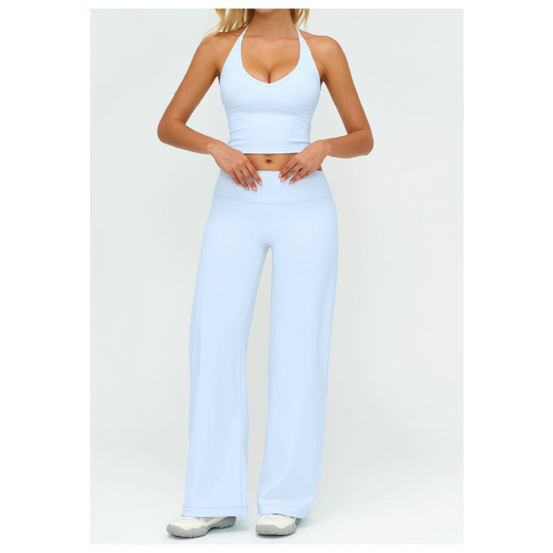 Women Yoga Vest Fitness V-Neck Halter Neck Fitted, Fashionable Sports Vest, Long Leg Wide Leg Pants Gym Set