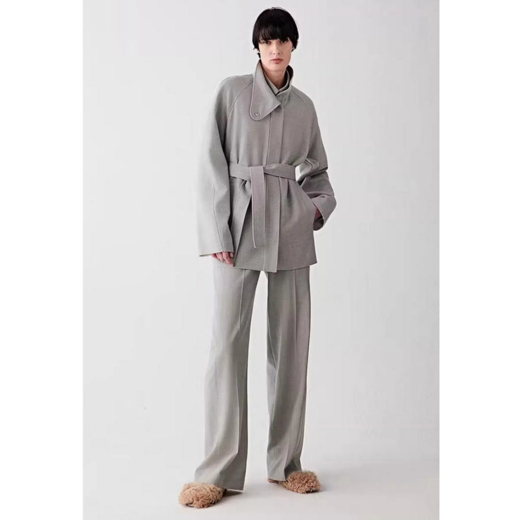 ODM OEM MID Straight Fit Cashmere Wool Tie-Waist Women Coat with Zipper Closure Design