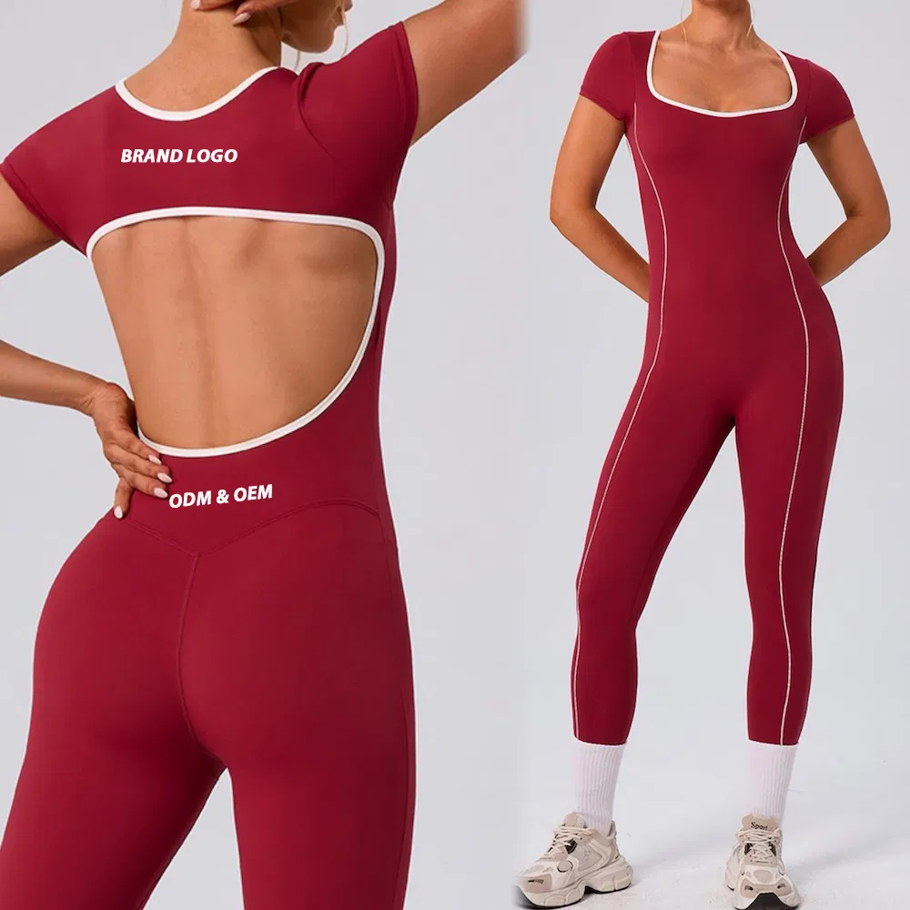 New American and European Style Backless Short Sleeve Pole Dance Yoga Unitard Square Neck Stretch Contrast Gym Workout Jumpsuit with Bra for Women