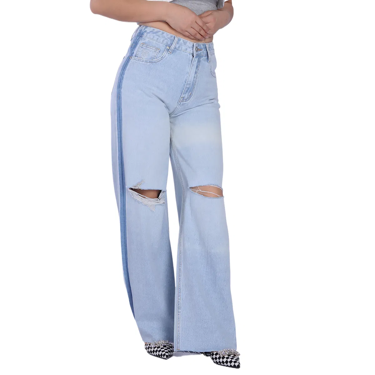 Custom Breathable Light Blue Straight Ripped Loose Raw Hem Mom Women Jeans